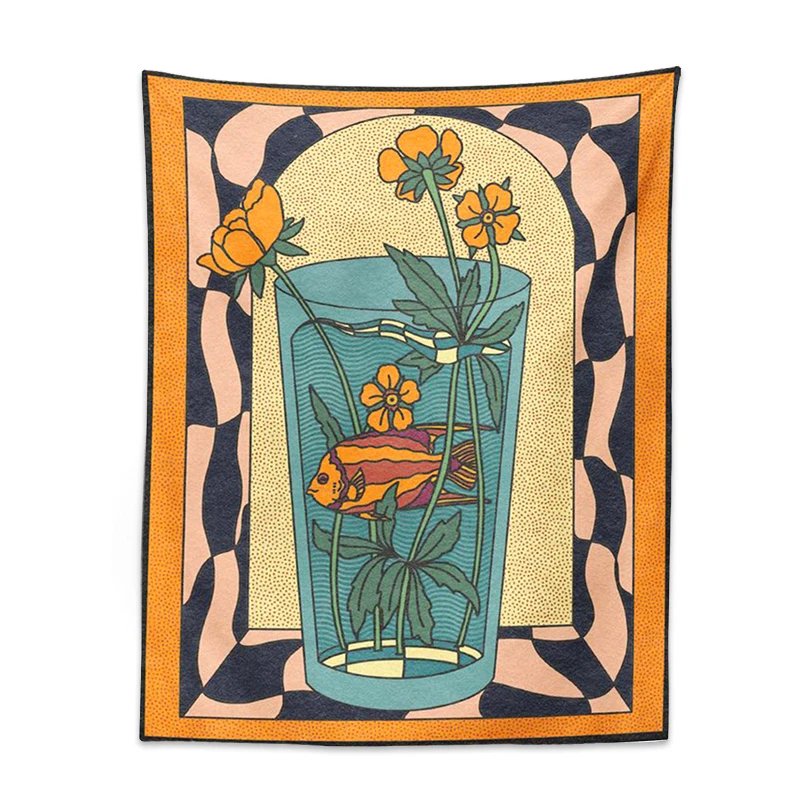 Vintage Inspired Tapestry Wall Hanging Psychedelic vase goldfish flower Decor Minimalist Print Bohemian Art Wall Decor Mural tapestry decorations
