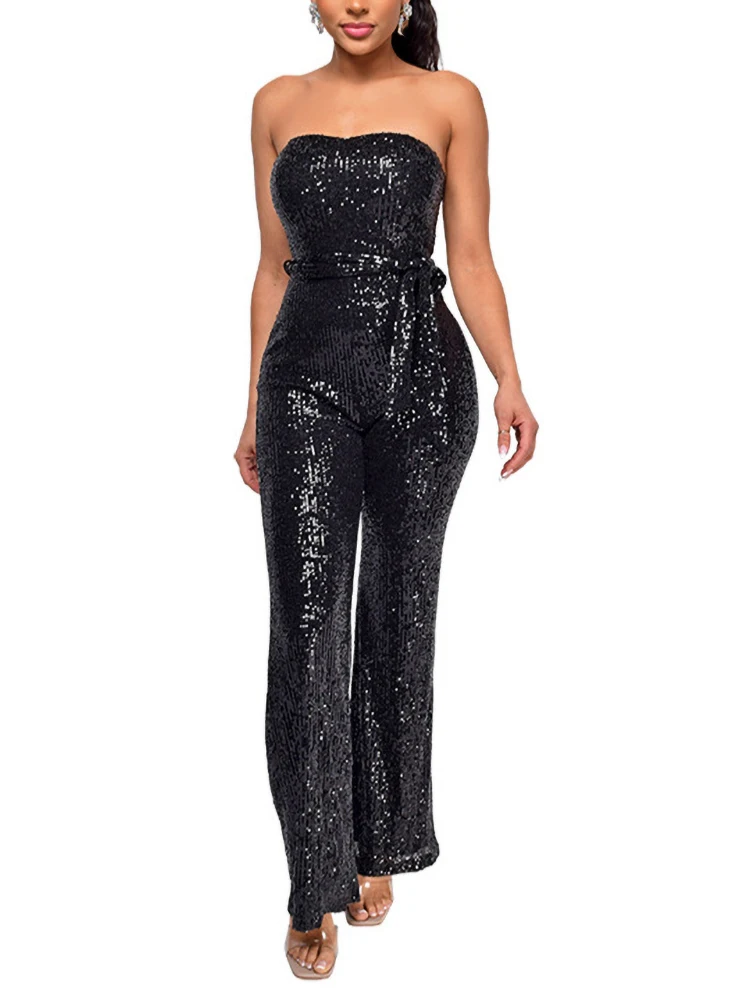 

Summer women's Sleeveless Sexy Style Polyester 2022 New Fashion Strapless Open Back Sequins High Waist Jumpsuit