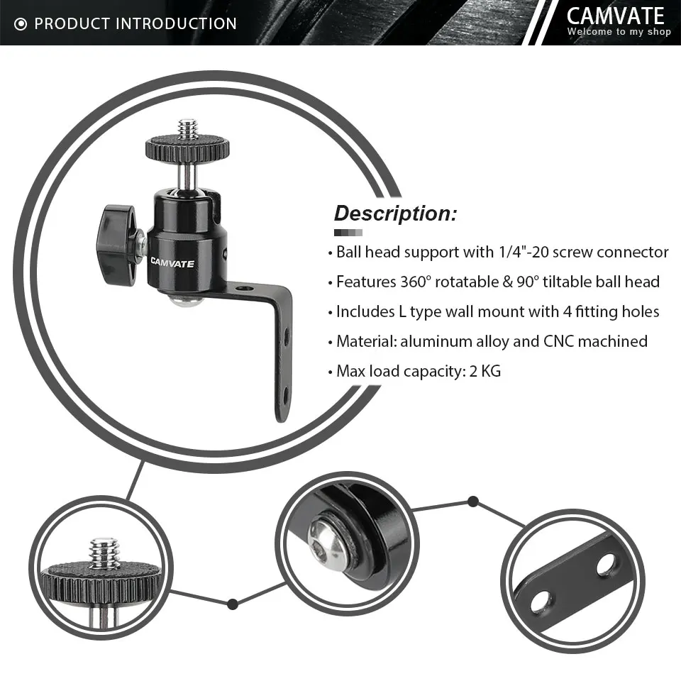 1/4"-20 Screw Connector Ball Head Support With L Type Wall Mount For Smartphone