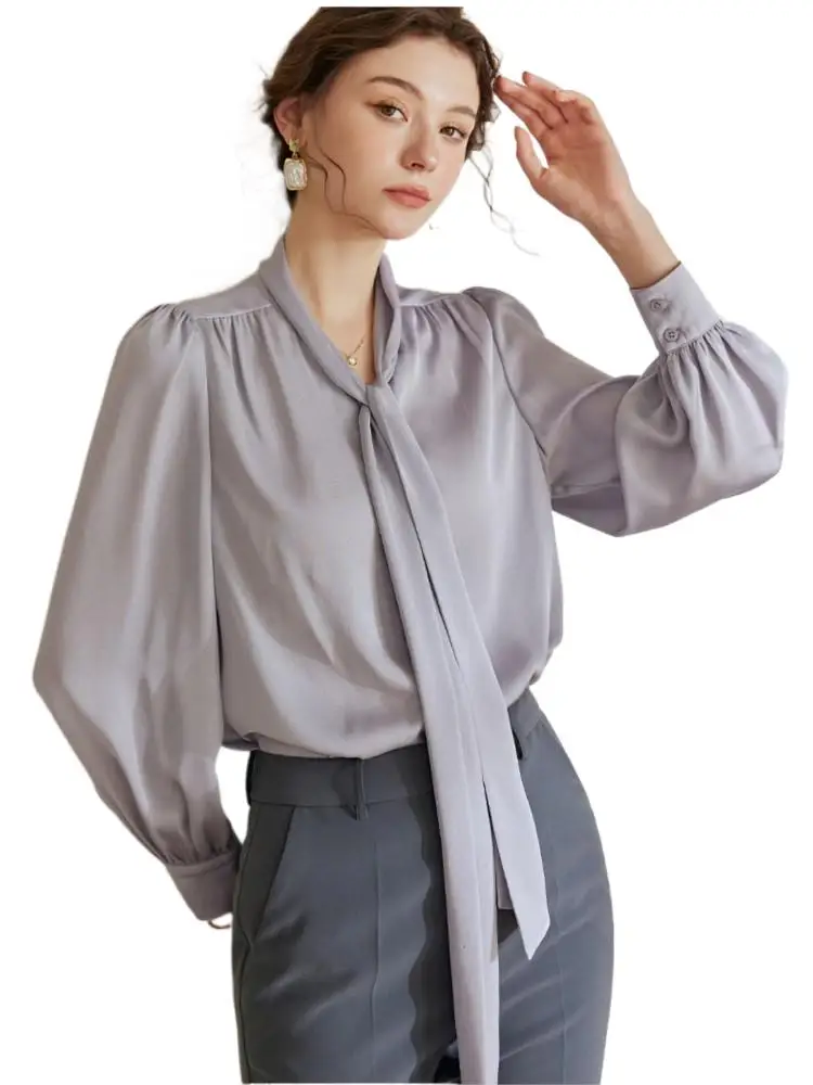 

Spring Autumn Women Long Sleeve T-shirt Elegant Office Lady Acetate Fabric Blouses 5XL Satin Lace Up Shirts Black Bottom Tops