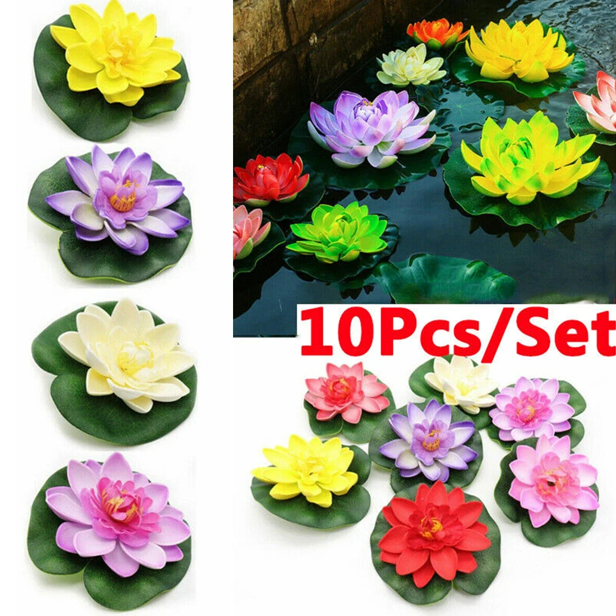 10 Stück bunte künstliche schwimmende Seerose Simulation EVA Lotusblatt Blumen Seerose Teich Pflanzen für Gärten Zuhause Aquarium