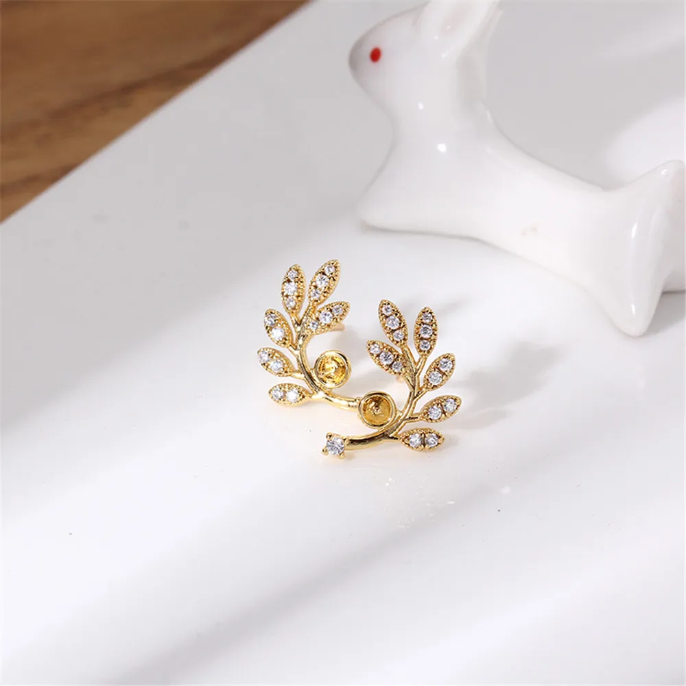 

14K gold color preserving S925 silver needle plant leaves zircon Pearl Earrings DIY accessories