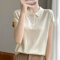 Summer 100% merino wool ladies lapel pullover short sleeve POLO neck sweater loose top casual knit T-shirt 1