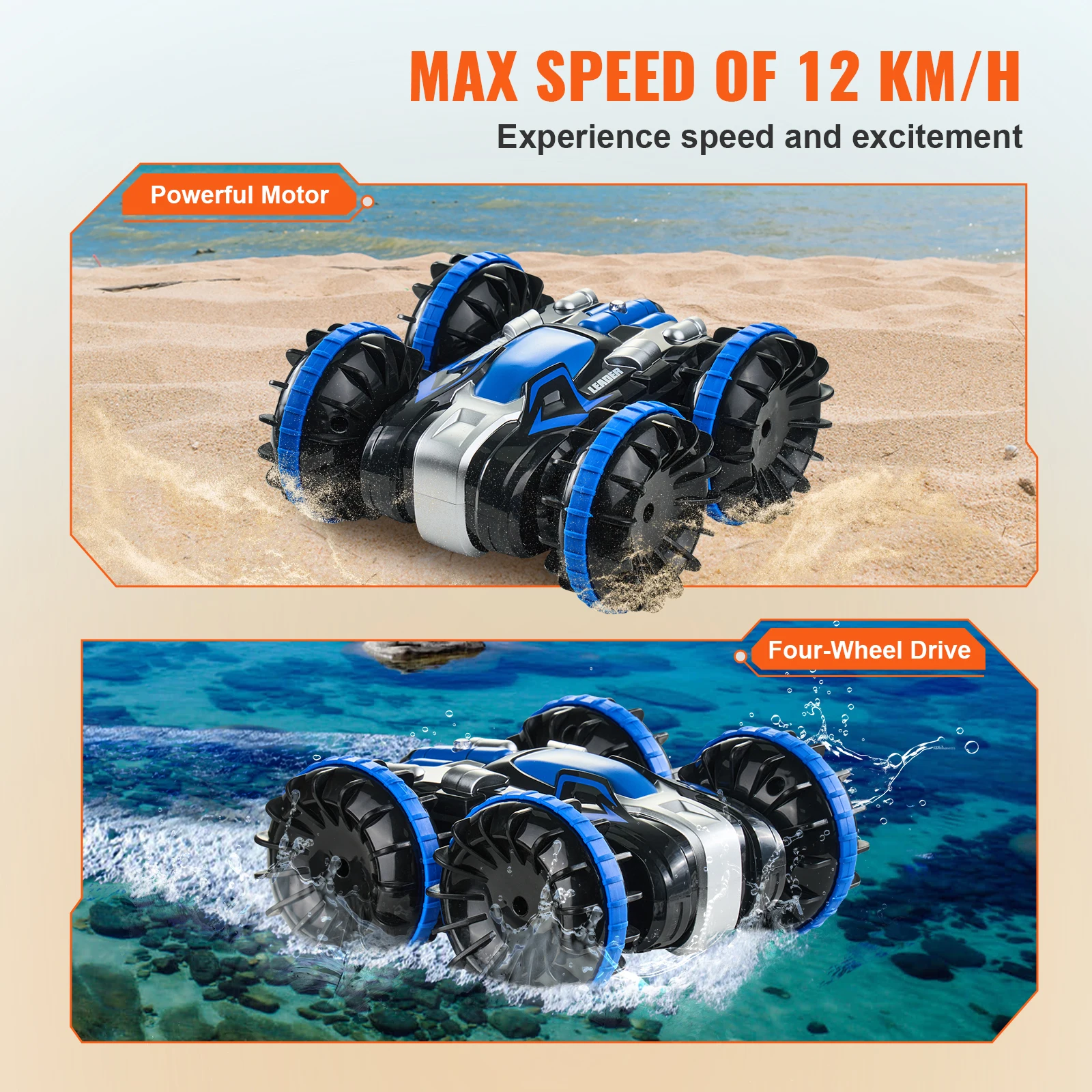 VEVOR Amphibious RC Car Boat 2.4GHz 12 km/h Electric Remote Control 360° Rotating Stunt Car Water Beach Pool Toys Boys Gifts 3