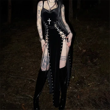 Goth Dark Punk Grunge High Split Hem Straps Dess 90s Streetwear Gown Women Sexy Corn Bandage Velvet Dresses Mall Gothic Clothing 1