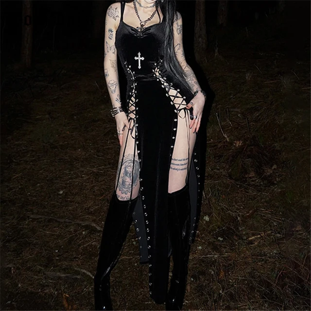 Goth Dark Punk Grunge High Split Hem Straps Dess 90s Streetwear Gown Women Sexy Corn Bandage Velvet Dresses Mall Gothic Clothing 1