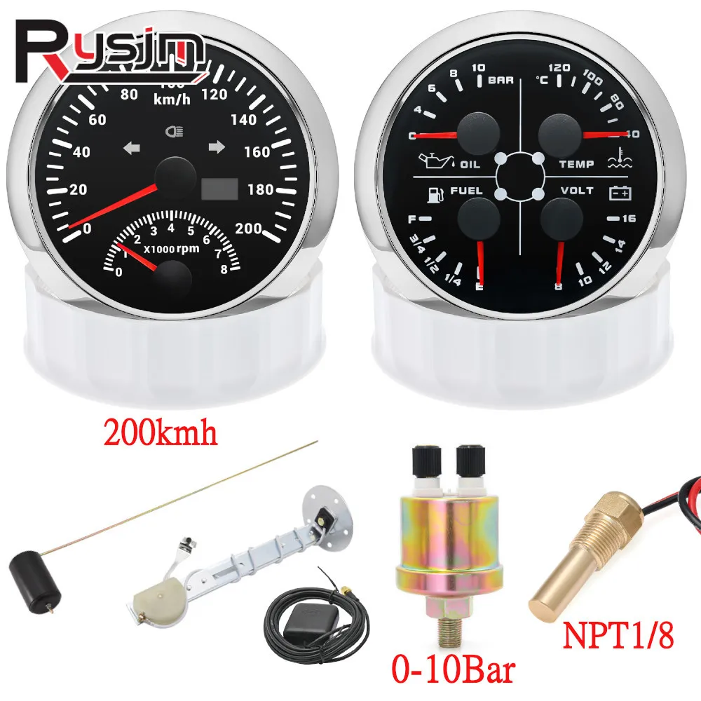 보트 GPS 속도계, 타코미터 및 4 in 1 게이지, 240-33ohm 연료 게이지, 수온 압력 센서, 알람 포함 적색 LED, H 85mm