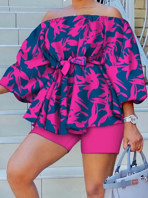Ada 2 Piece Slash Neck Three Quarter Puff Sleeve Short