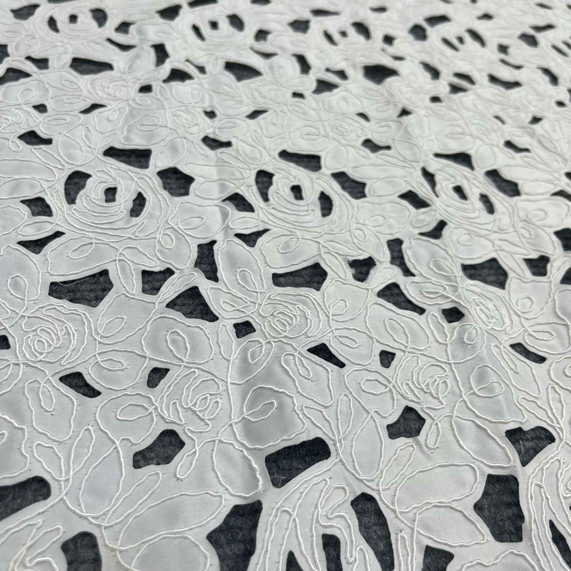 Simple Cut-Out Design Satin Lace Embroidery Wedding Dress Design Fabric, Designer Clothing Fabric