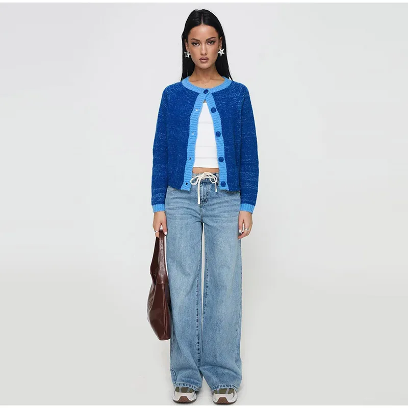 Casual Knitted Single-Breasted Cardigan Women Loose Contrast Color O-neck Pullover Sweaters Female Autumn Chic Street Tops