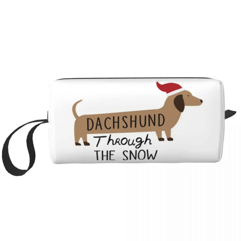 

Christmas Dachshund Through The Snow Toiletry Bag for Puppy Sausage Dog Cosmetic Makeup Organizer Ladies Storage Dopp Kit Box