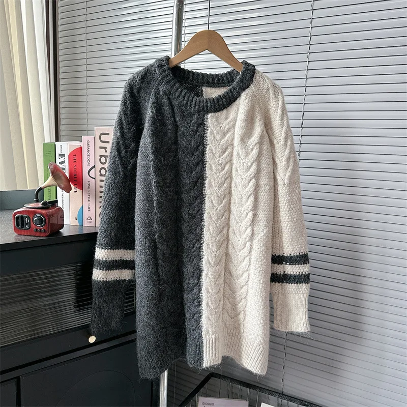 

LUXE&ENVY New Korean Edition Design Contrast Color Round Neck Panel Sweater Versatile Small Top Women's Trend 2023 Winter