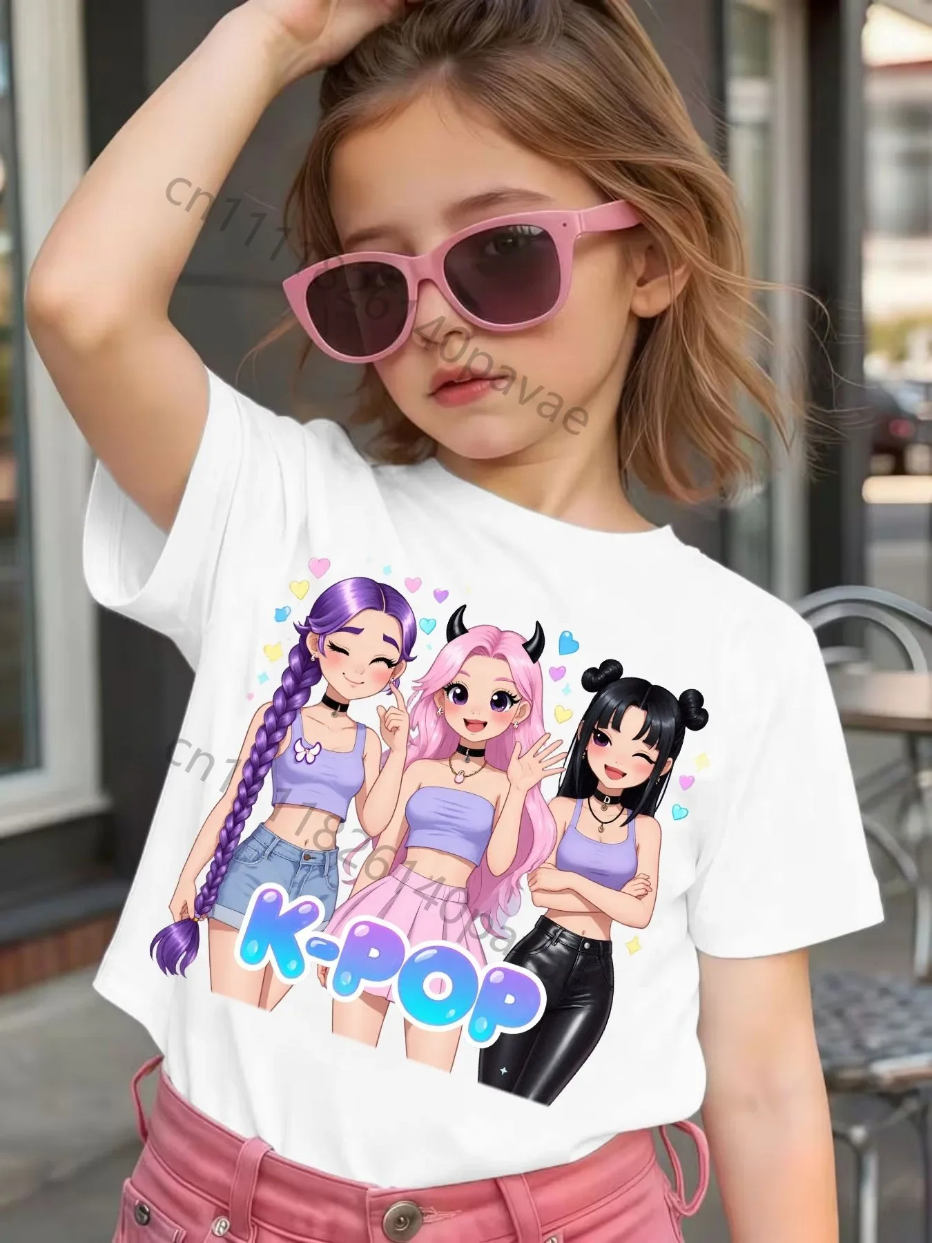 Girls' K-POP T-shirt with Idol Print 100% Pure Cotton Summer Children's Casual T-shirt Fashionable K-pop Style Short Sleeve. - 6