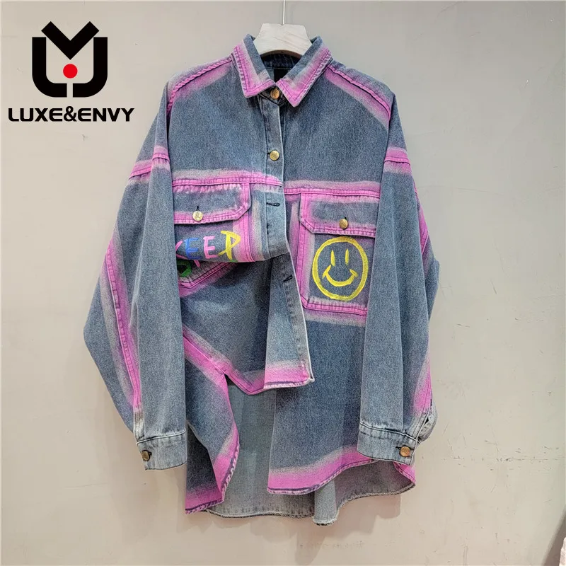 

LUXE&ENVY Thailand Chaopai New Printed Denim Shirt Coat Women's Loose Casual Design Splice Top 2023 Autumn