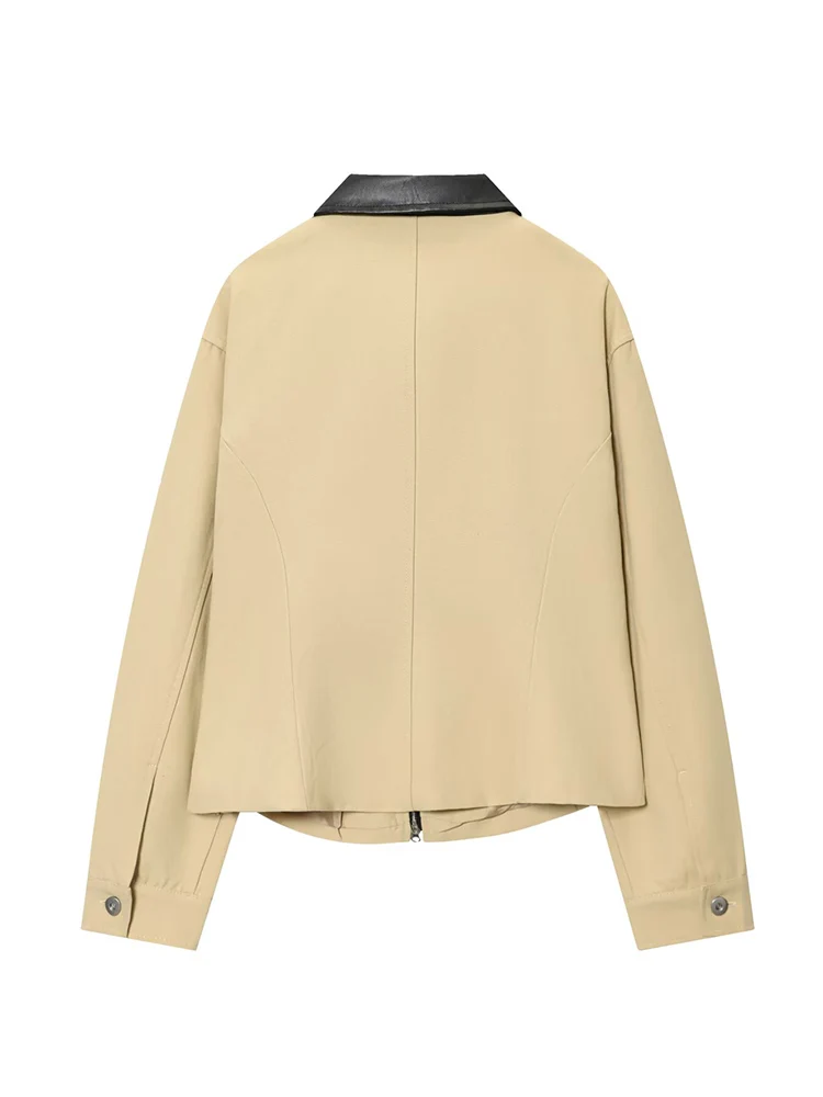 Autumn New Women's PU Leather Splicing Short Jacket Long Sleeve Slim Fit Temperament Top Female Chic Lapel High Street Outwear