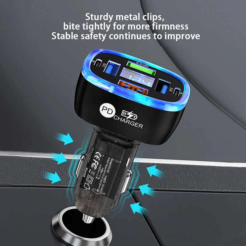 UYUXIO USB C 차량용 휴대폰 충전기, 삼성 아이폰 16, 15 프로 맥스, 원플러스용 초고속 충전 어댑터, 전압 디스플레이 포함, 6 인 1
