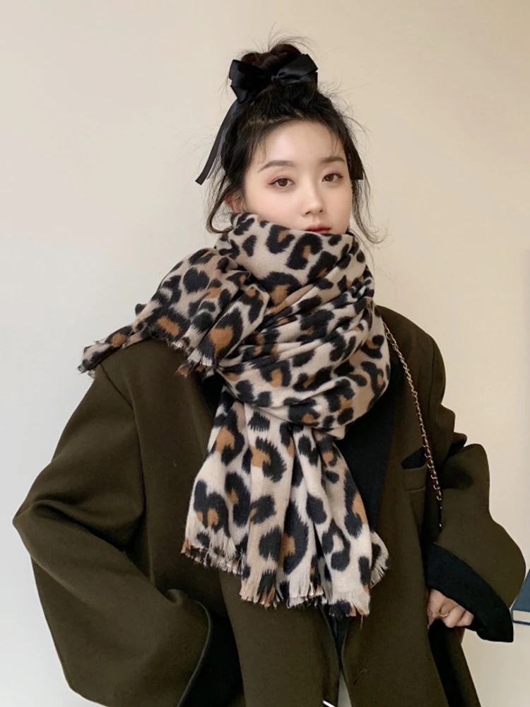 Elegant Imitation Cashmere Women Retro Leopard Print Winter Double Sided Scarf Warm Lady Female Thick Blanket Long Wrap Shawl 3