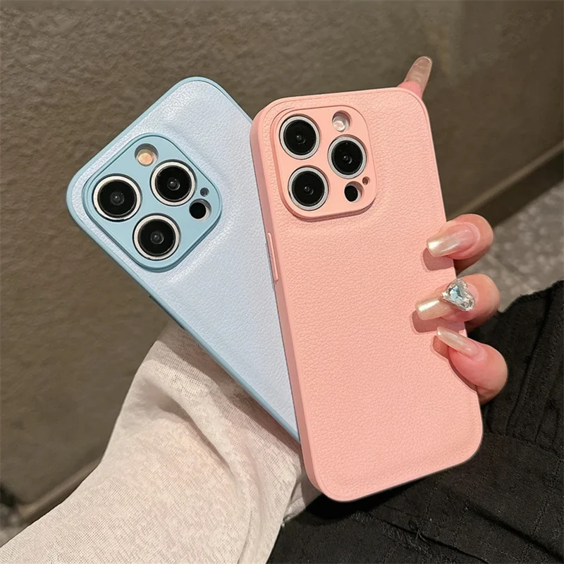 Luxury Litchi Patterned Leather Armor Case - Solid Color Silicone Shockproof Hard Cover