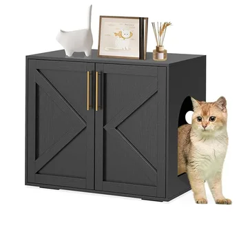 Hidden Litter Box Furniture with 2 Doors, Wooden Litter Box Enclosure Furniture, Indoor Cat House, TV Stand Cabinet 1