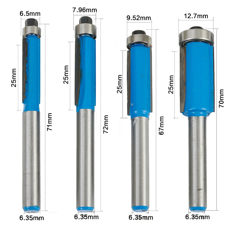 

4pcs 6.35mm Shank TCT Trimmer Router Bit Bit Enclosed Ball Bearing Wood Slot Milling Cutter Straight Flush Trim Woodworking Tool