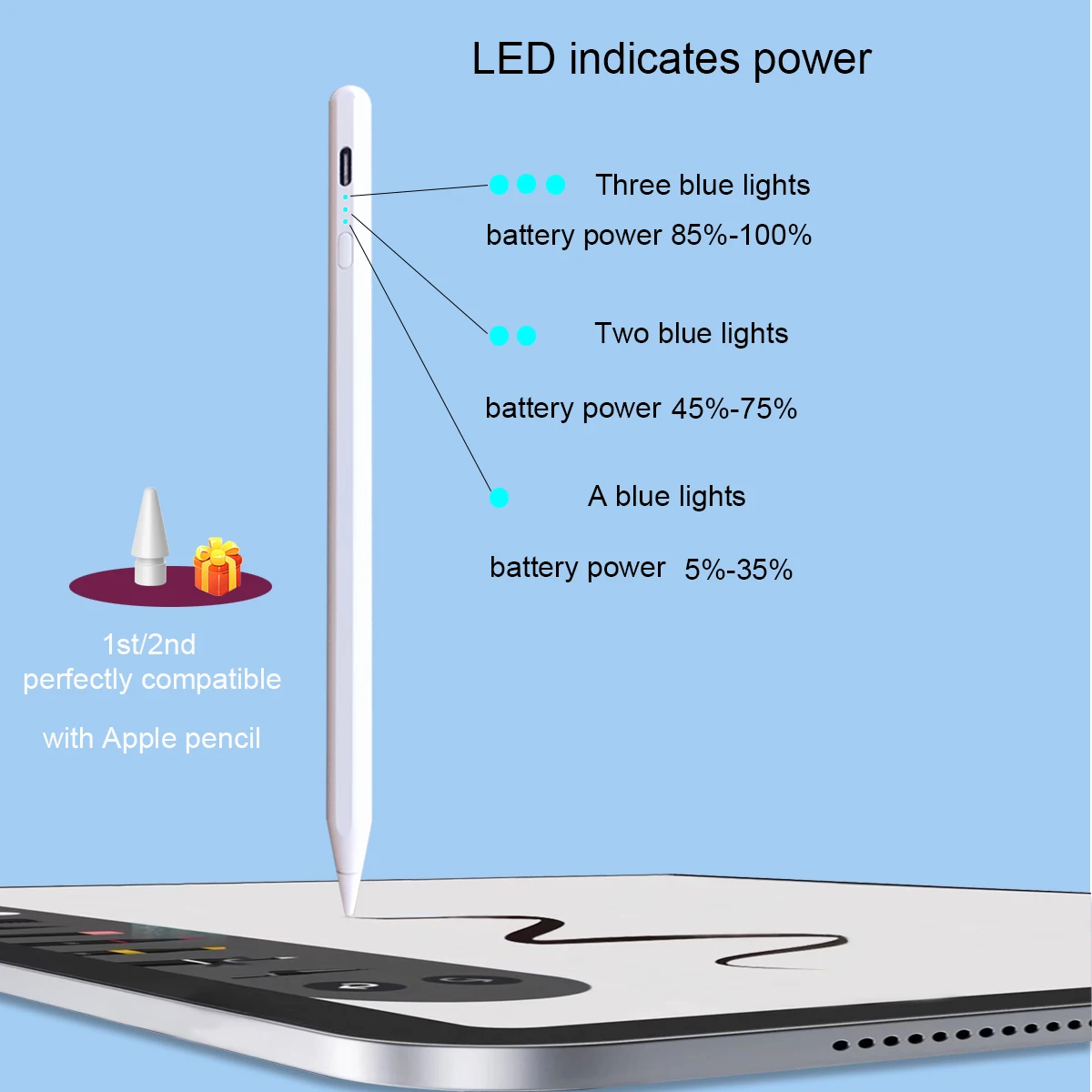 para Appl Lápis Origem Caneta Stylus para Ipad Canetas Apple Lápis Bateria Lembrete de Exibição Inclinação da Rejeição de Palma Usb Tipo-c Chargin - Imagem 4