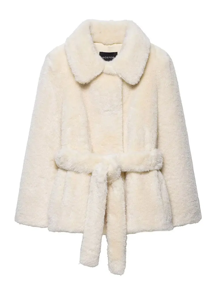 HH Women Elegant Solid Faux Fur Coats Lapel Long Sleeve Belt Jackets 2025 Autumn Winter Casual Loose Warm Lady Street Outwears