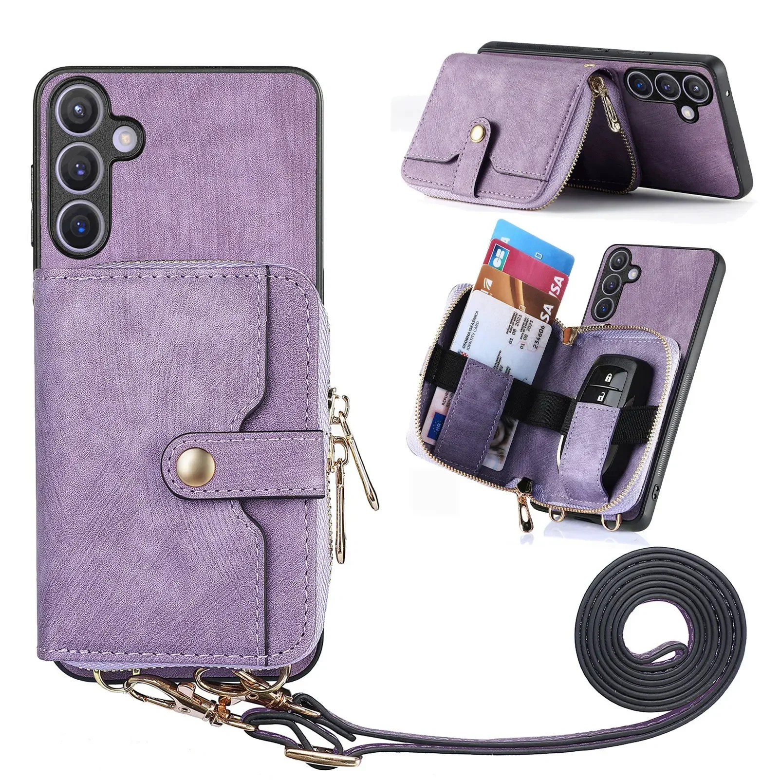 Leather Phone Cover with Zipper Wallet and Lanyard Stand Feature