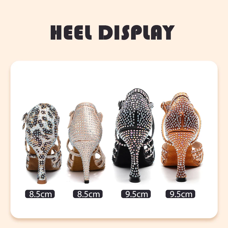 HROYL Ballroom Latin Dance Shoes Ladies Girls New Silk Satin Shiny Rhinestone Cuban High Heels Party Salsa Dance Shoes Women 3