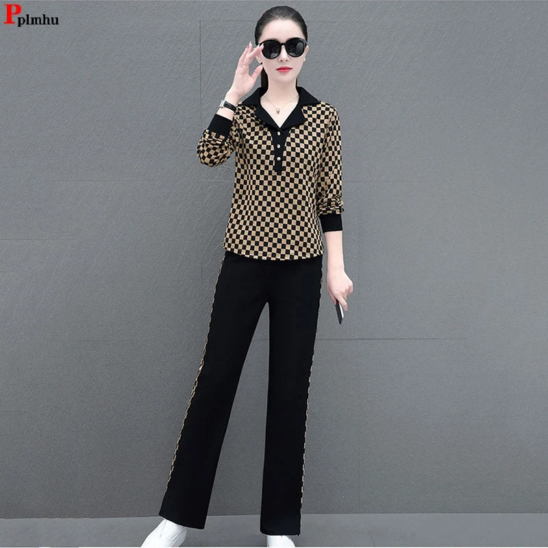 Korean Plaid Jogging Tracksuit 2 Piece Set Women Patchwork Outfits Casual Loose Long Sleeve Polo-Shirt+Wide Leg Pants Suit 2023