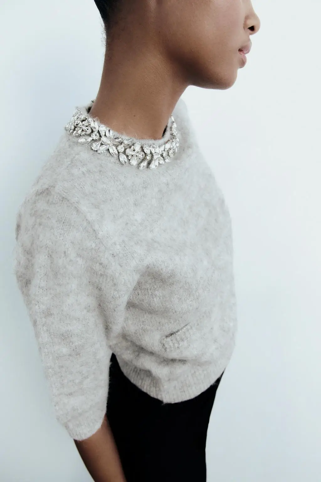 Fall Winter New Arrival Women's ort Knitted Sweater with Rhinestone Collar Casual Sle Long Sve Polyester Fiber