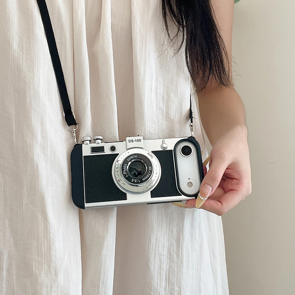 Camera Pattern Crossbody Lanyard Rope Phone Case For iPhone 18 17 16 15 14 13 12 11 Pro Max Soft Shockproof Silicone Cover Girls