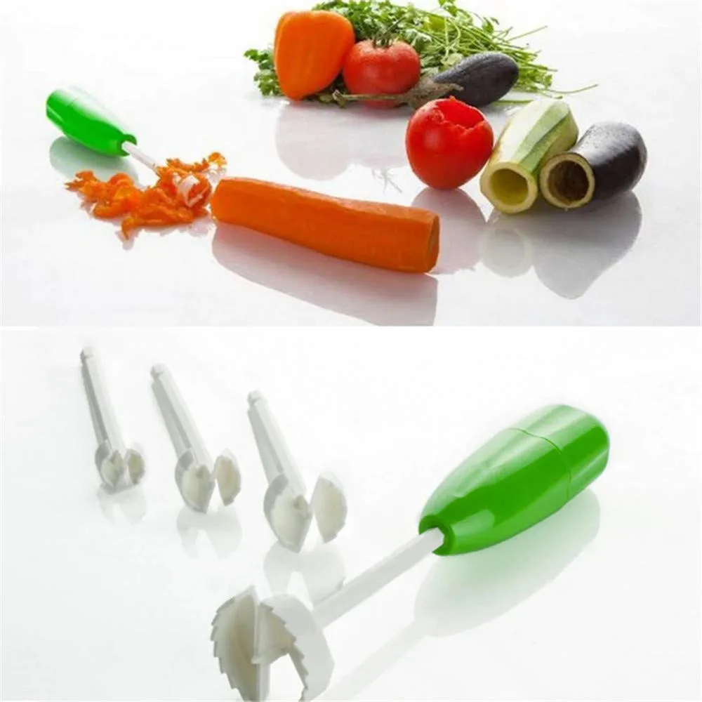 4 In 1 Fruit Vegetable Corer Spiral Digging Vege Drill Veggie Corkscrew Carver with 4Pcs Replaceable Head Spiralizer Cutter Tool Kitchen