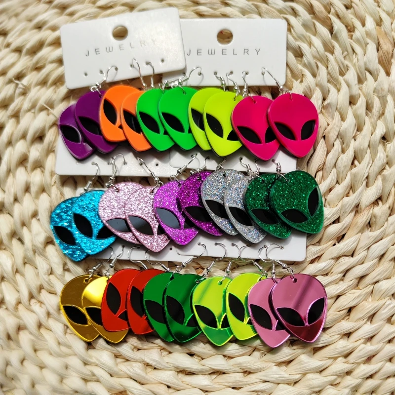 KUGUYS 5 Paare/Los mehrfarbige Alien-Acryl-Ohrringe für Frauen, Spiegel-Glitzer-ET-Schmuck, niedliche UFO-Accessoires