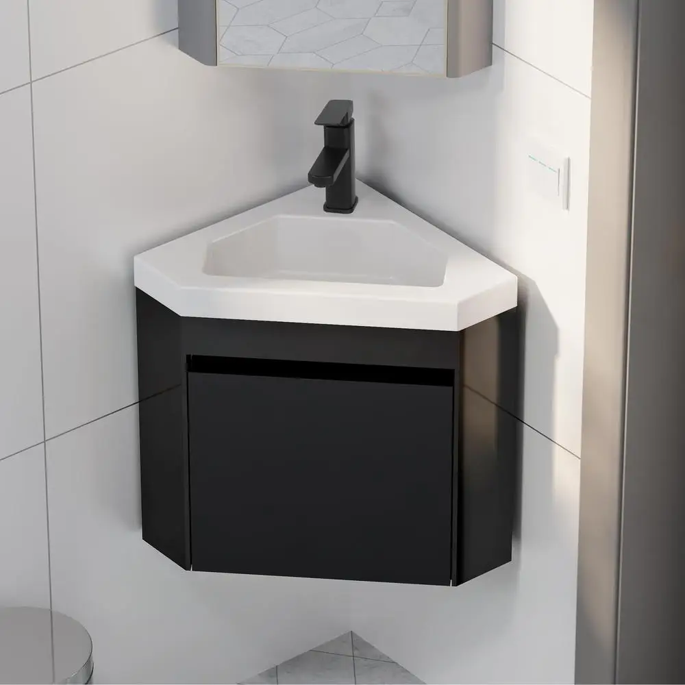 Corner Bathroom Vanity Sink Combo Wall Mounted with White Resin Sink Matte Black Faucet Space Saving Floating Design Durable MDF 2
