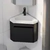 Corner Bathroom Vanity Sink Combo Wall Mounted with White Resin Sink Matte Black Faucet Space Saving Floating Design Durable MDF 2
