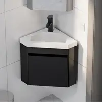 Corner Bathroom Vanity Sink Combo Wall Mounted with White Resin Sink Matte Black Faucet Space Saving Floating Design Durable MDF 2