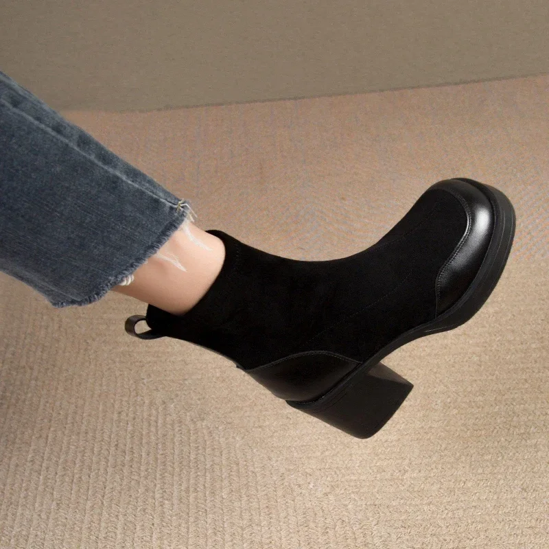 Women's Fashion Boots Mid-heel 2023 New Round Head Leather Ankle Boots Women Thick Wool Warm Dress Boots Women