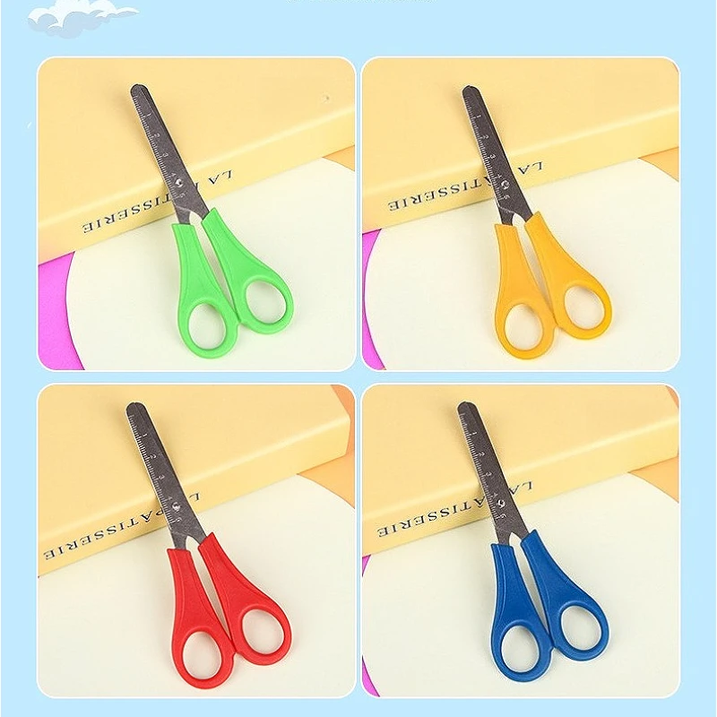 4PCS 플라스틱 안전 가위, 측정 눈금자, 둥근 끝, DIY 공예 종이 절단, 휴대용 소형 가위, 가정 및 사무실용