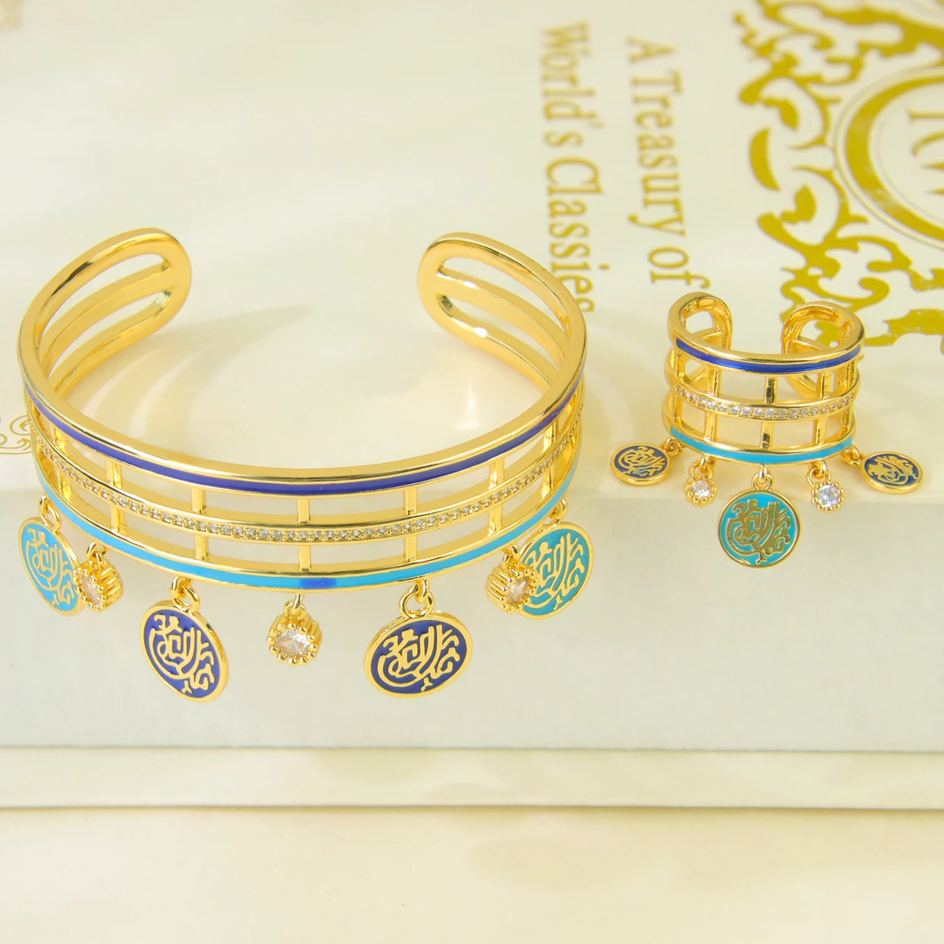 Arabisches Islamisches Modeschmuck-Set 21k Vergoldet Dubai Zirkonia Charm Armreifen Ring Nigeria Damen Braut Hochzeit Party Schmuck – Detail 7
