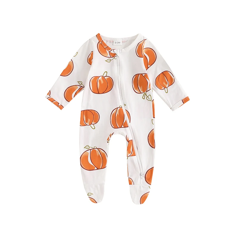 Baby Girls Boys Footies Rompers Halloween Clothes Pumpkin Print Long Sleeve Toddler Fall Bodysuits