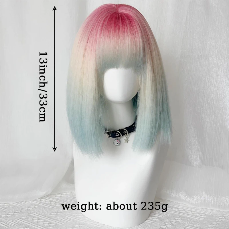 Synthetic Gradient Color Wig Women Wigs 13inch Short Straight Bob Hairstyle with Hair Bangs for Women Halloween Christmas Party