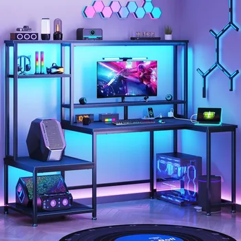 Gaming Desk with LED Lights & Outlets,55 1