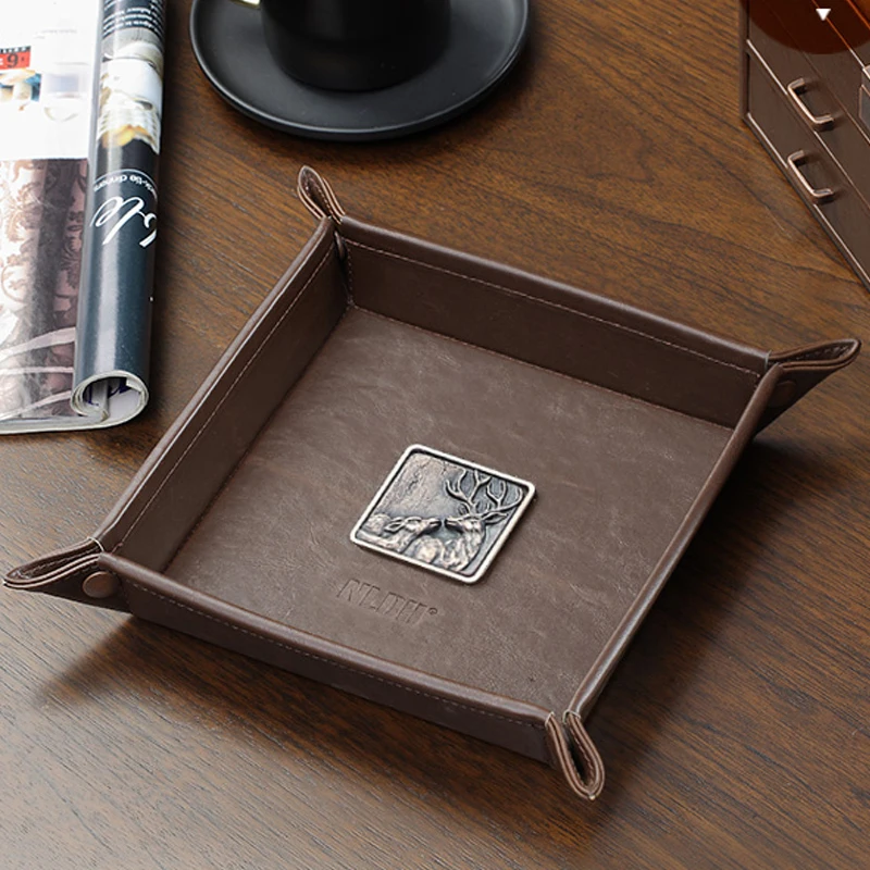 Storage Tray PU Leather Folding Dice Rolling Tray Collapsible Retro Doorway Porch Key Storage Pan Desktop Remote Control Storage Box