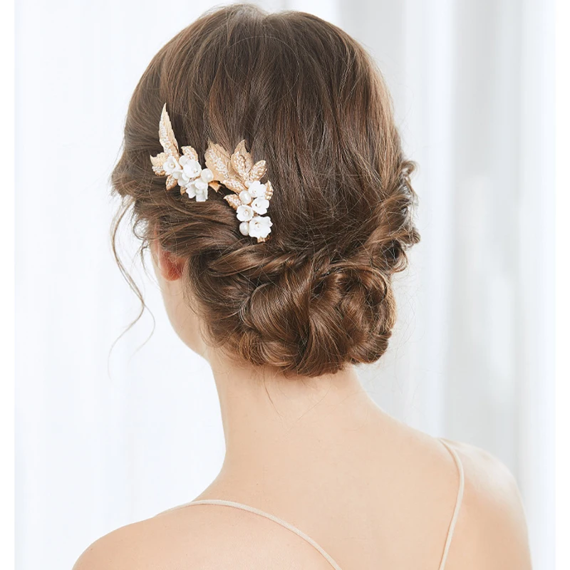 2pcs/lot Ceramic Flower Hairpins Metal Leaf Freshwater Pearl Hair Clips for Women Bridal Wedding Hair Accessories Bride Jewelry