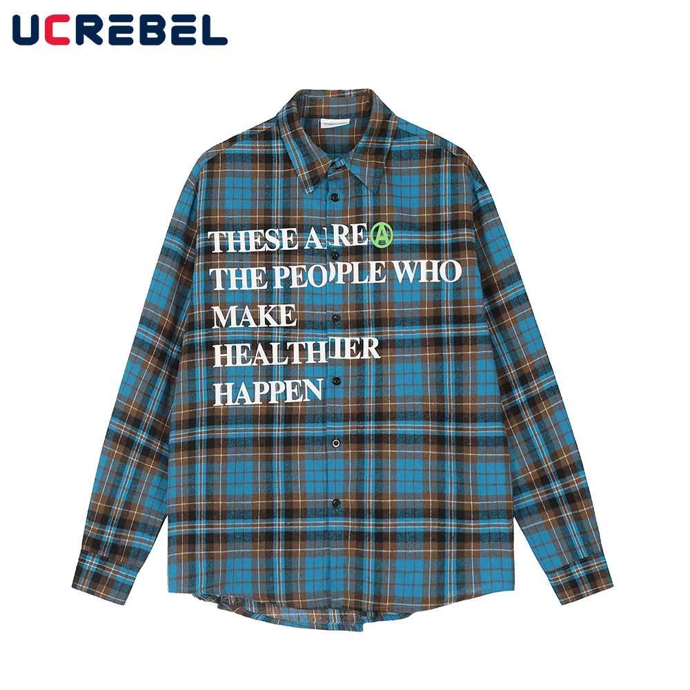 

Letter Print Casual Long Sleeve Shirt Mens Streetwear Loose Plaid Lapel Shirts Men Autumn