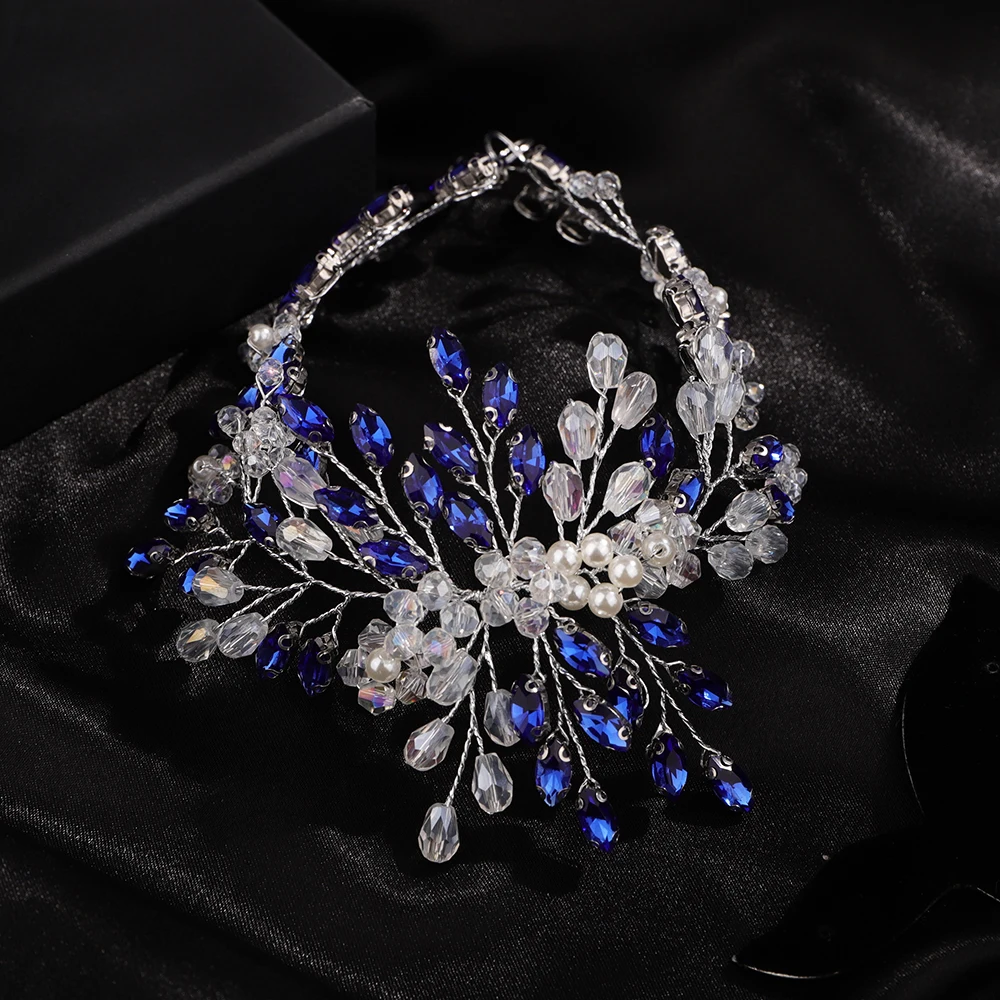 Rhinestone Headband for Wedding Headpiece Handmade Pearl Crystal Bridal Hair Jewelry Headwear Blue Hair Accessories Tiara