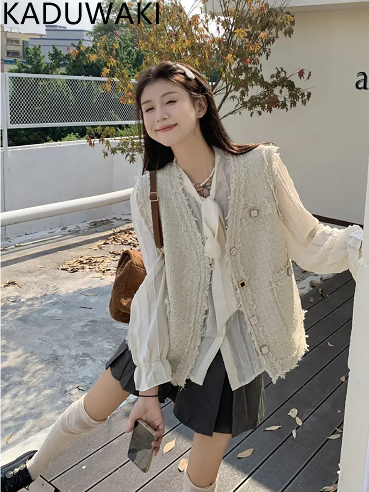 Vintage Elegant V Neck Tweed Vest for Women Simple Loose Casual Autumn  Winter 2023 New Sleeveless Waistcoat Korean Chic Tops