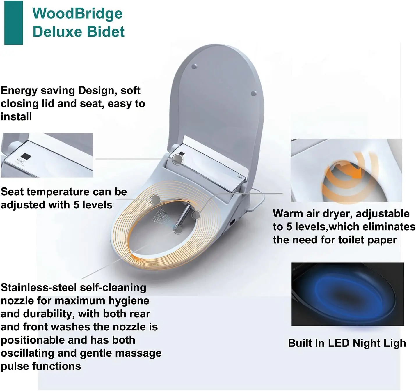 T-0008 Luxury Bidet Toilet Elongated One Piece Toilet with Advanced Bidet Seat Chair Height Smart Toilet Seat with Temperature 5