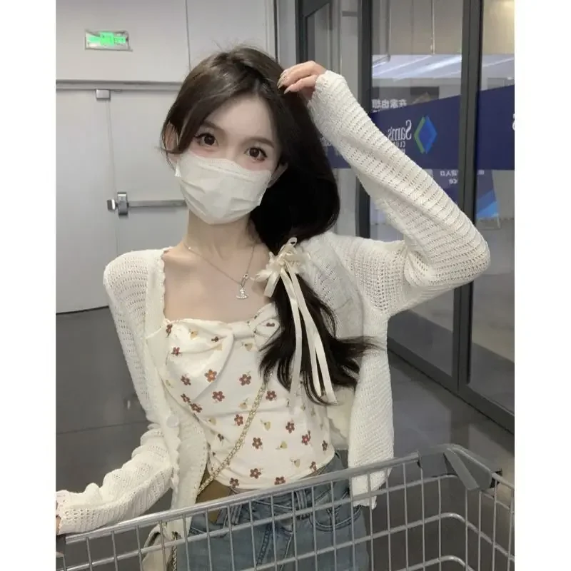 

Sunscreen knitted cardigan thin female 2024 summer new short paragraph blouse sling take outer hoodie small kanji jacket