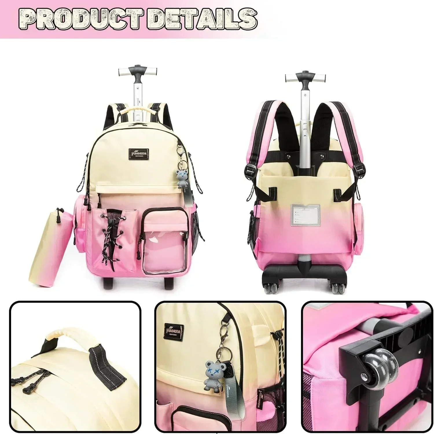 School Bags for Girls with Wheels Trolley 3 Pcs for Teens Boys Rolling Backpack Set with Lunch Bag Carry on Luggage with Roller 4
